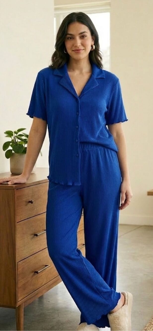 Royal Blue Pleated 2 Piece Lounge Set Short Sleeve Button Down Top & Wide Leg Pa